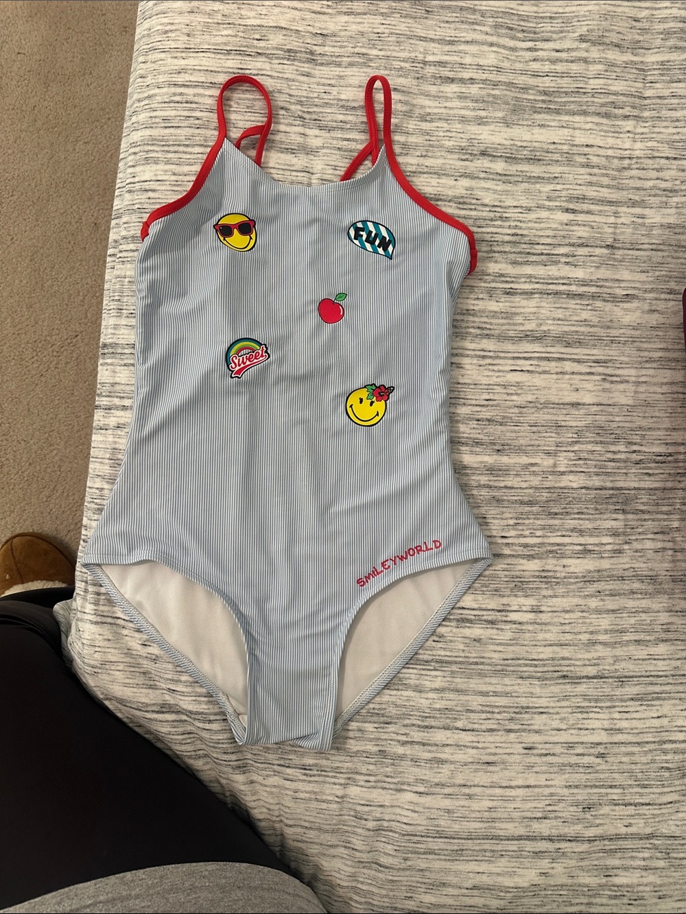 Girls' Light Blue Stripe One-Piece Swimsuit with Red Trim